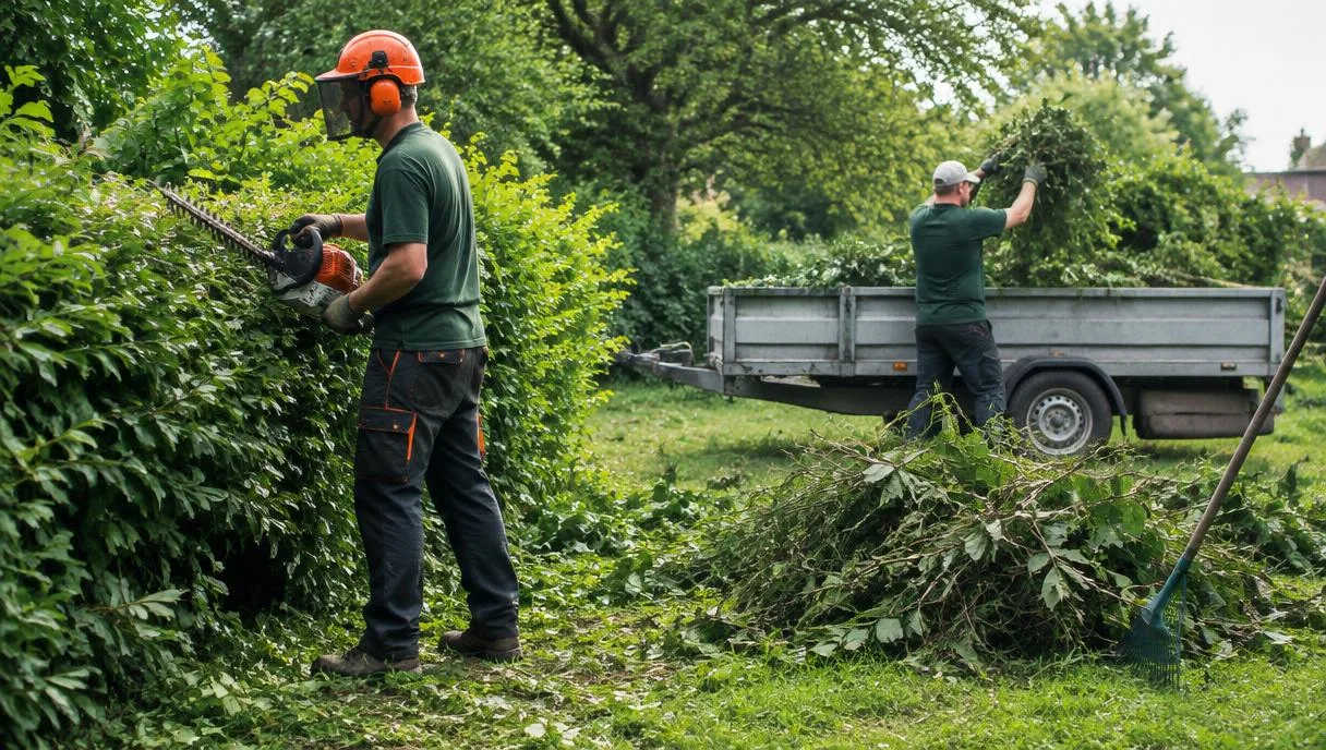 Ekipa porządkująca zarośniętą działkę i ładująca gałęzie na przyczepę